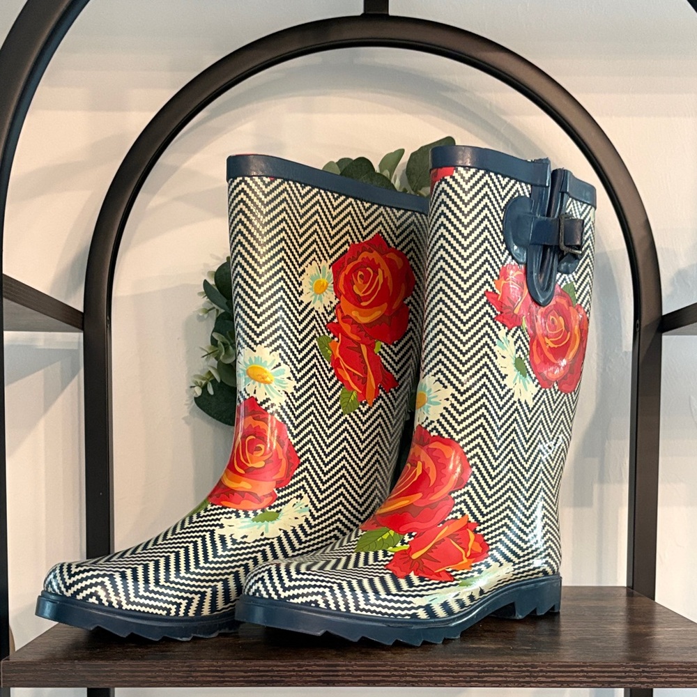 Navy Chevron Floral Rain Boots with Red Rose Accents